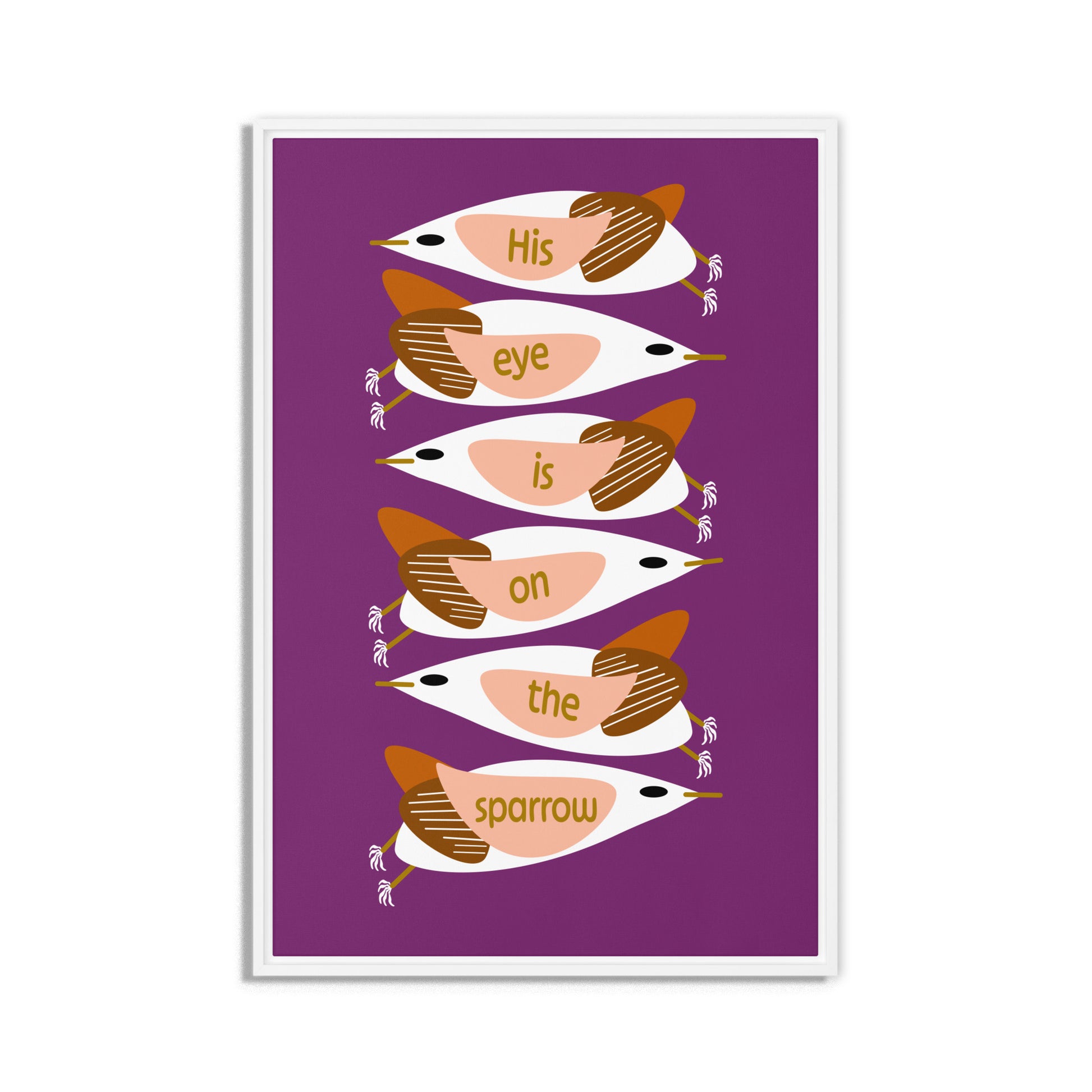 Framed artwork with stylized birds on a purple background. White wooden frame. Size 20x30.