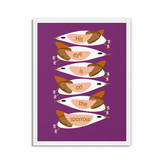 Framed artwork with stylized birds on a purple background. White wooden frame. Size 24x32.