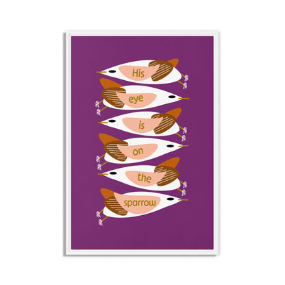 Framed artwork with stylized birds on a purple background. White wooden frame. Size 24x36.