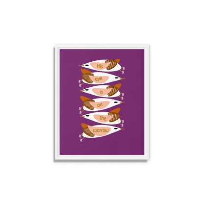 Framed artwork with stylized birds on a purple background. White wooden frame. Size 8x10.