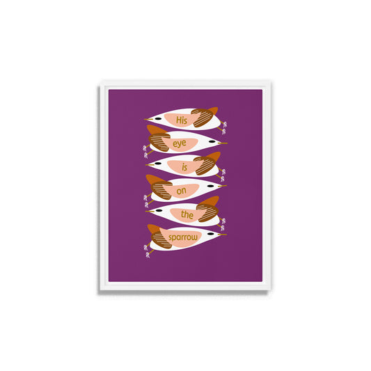 Framed artwork with stylized birds on a purple background. White wooden frame. Size 8x10.