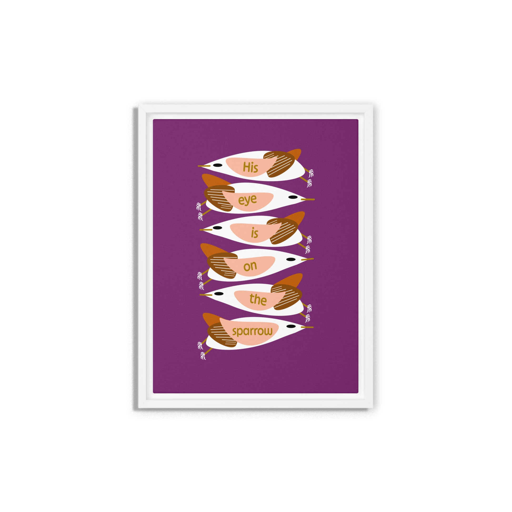 Framed artwork with stylized birds on a purple background. White wooden frame. Size 9x12.
