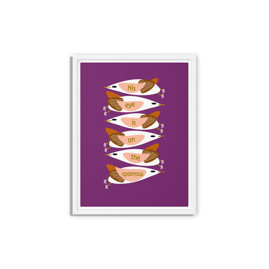 Framed artwork with stylized birds on a purple background. White wooden frame. Size 9x12.