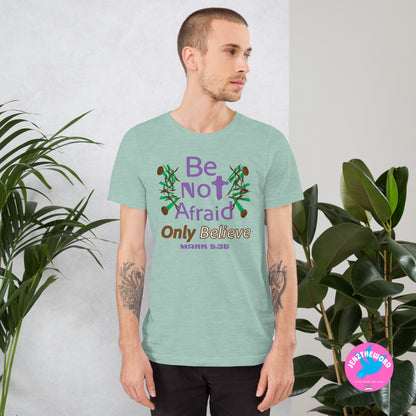 Male wearing a Heather Prism Dusty Blue Christian unisex t-shirt for teens, men and women be not afraid