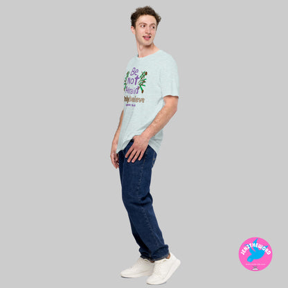 Male wearing a Heather Prism Ice Blue Christian unisex t-shirt for teens, men and women be not afraid