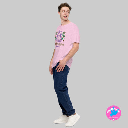 Male wearing a Heather Prism Lilac Christian unisex t-shirt for teens, men and women be not afraid