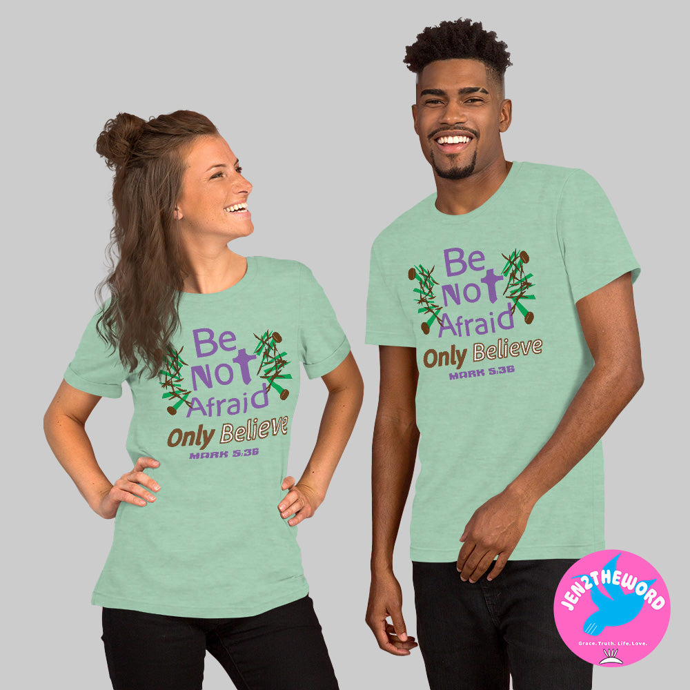 Couple wearing a Heather Prism Mint Christian unisex t-shirt for teens, men and women be not afraid