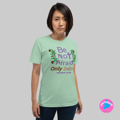 Female wearing a Heather Prism Mint Christian unisex t-shirt for teens, men and women be not afraid
