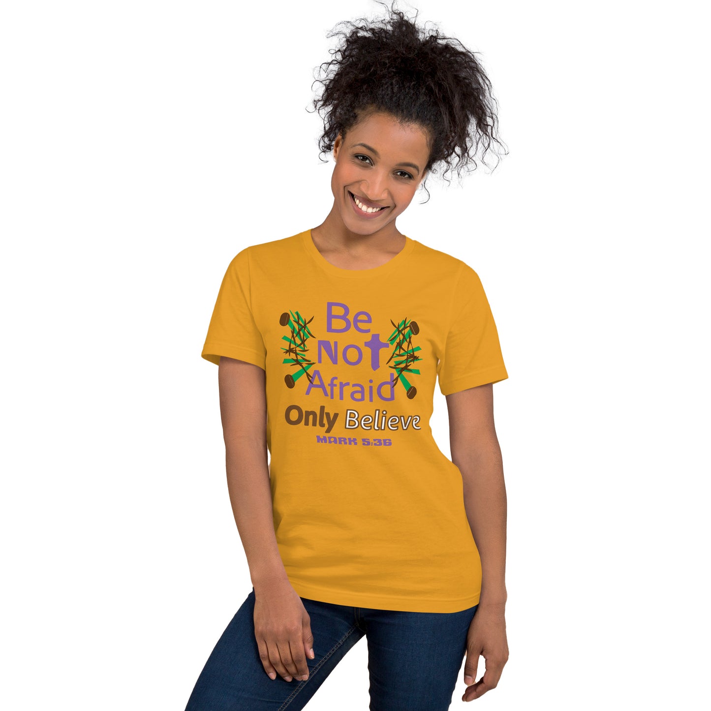 Mustard be not afraid only believe Mark 5:36 christian t-shirt