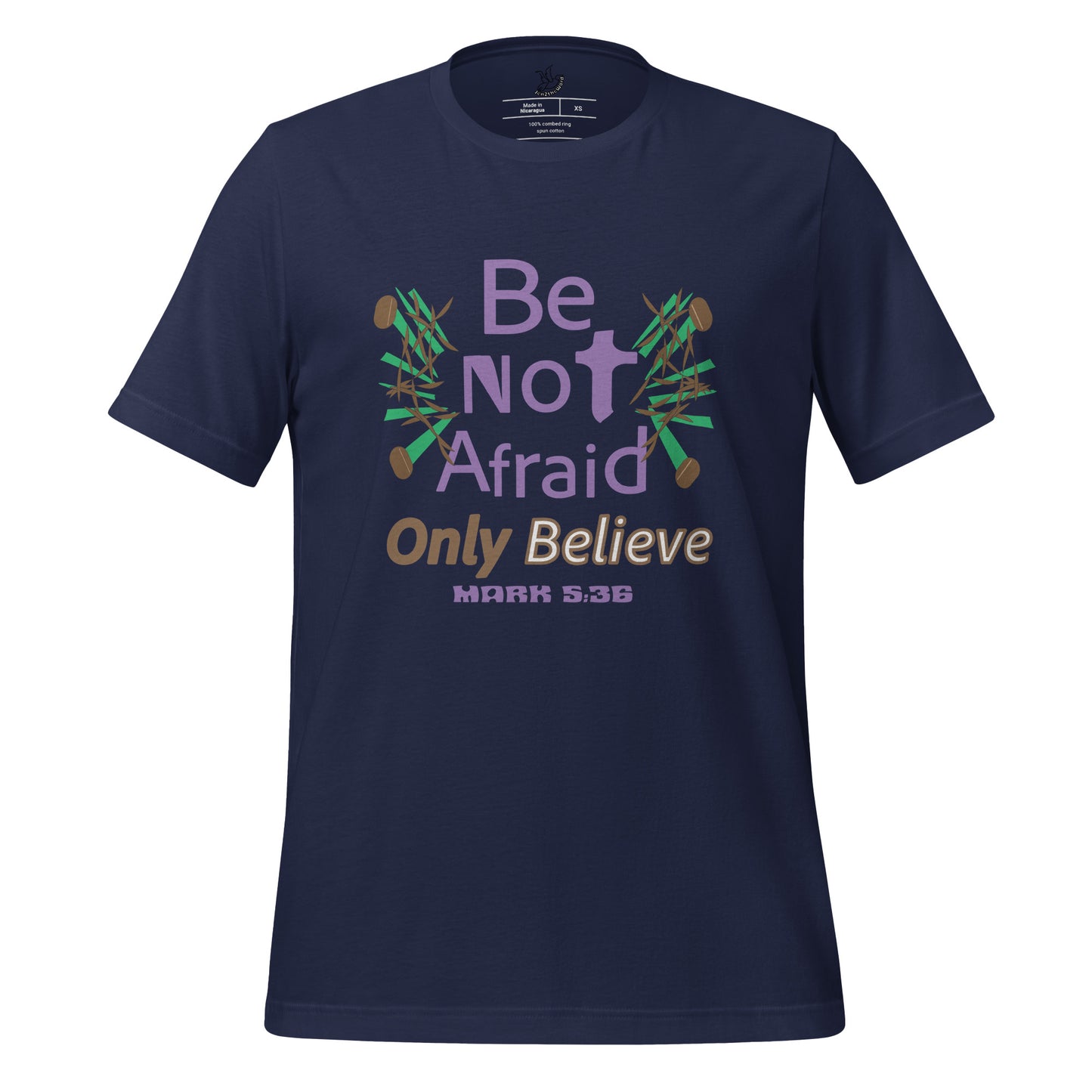 Navy be not afraid only believe Mark 5:36 christian t-shirt