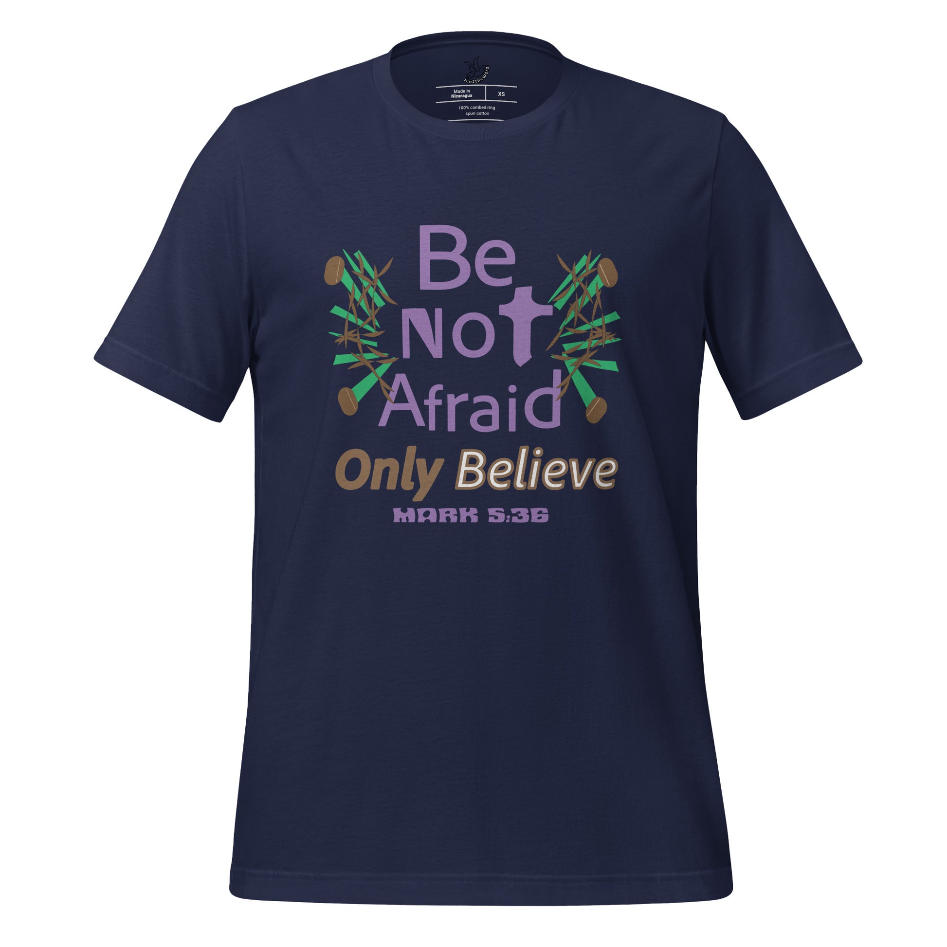Navy be not afraid only believe Mark 5:36 christian t-shirt