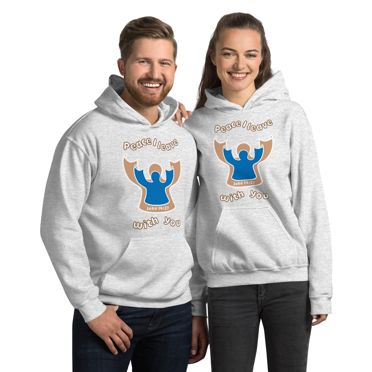 Two friends smile wearing matching ash gray peace i leave with you hoodies with a blue angel and beige angel design on the front