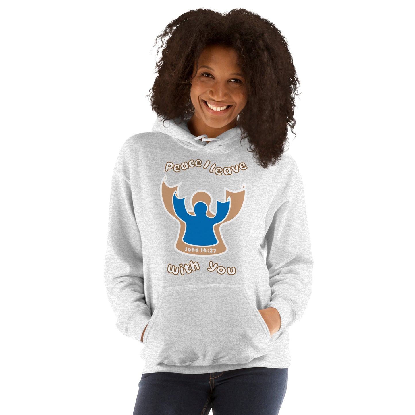 Female smiles wearing an ash gray peace i leave with you hoodie with a blue angel and beige angel design on the front