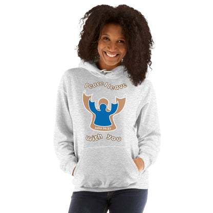 Female smiles wearing an ash gray peace i leave with you hoodie with a blue angel and beige angel design on the front