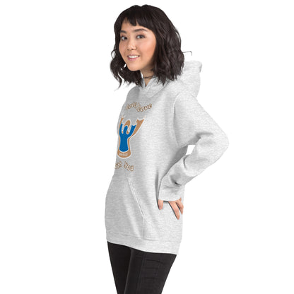 Side pose of a female wearing an ash gray peace i leave with you hoodie with a blue angel and beige angel design on the front 