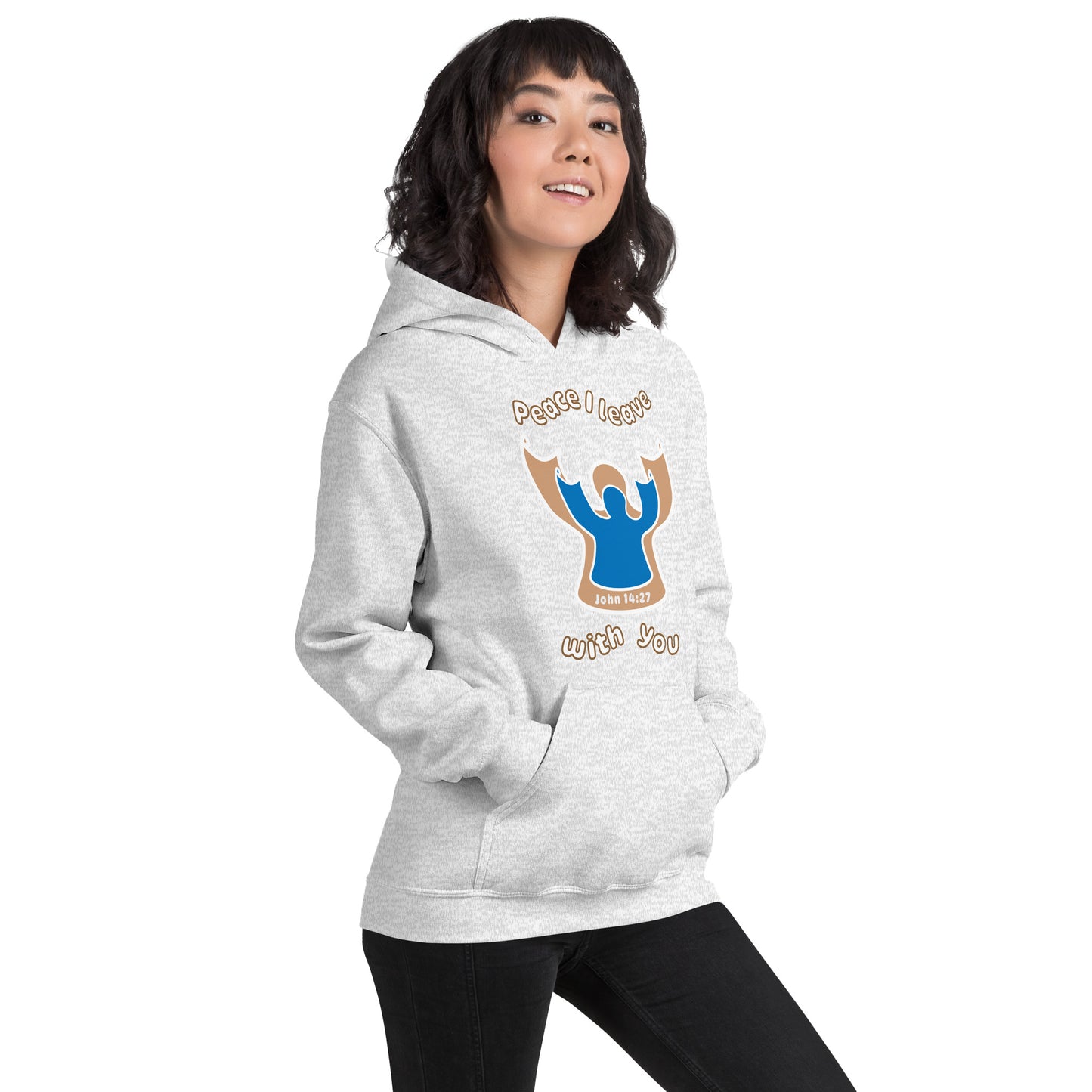 Female wearing an ash gray peace i leave with you hoodie with a blue angel and beige angel side pose