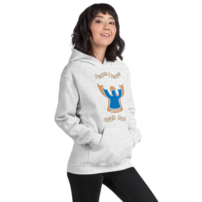 Female wearing an ash gray peace i leave with you hoodie with a blue angel and beige angel side pose