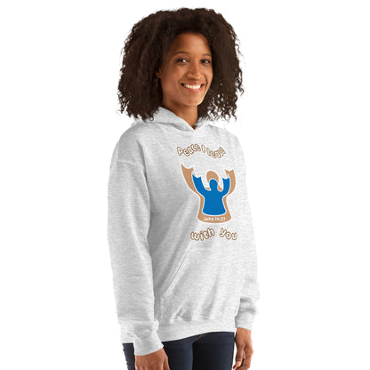 Female standing up wearing an ash gray peace i leave with you hoodie with a blue angel and beige angel design on the front