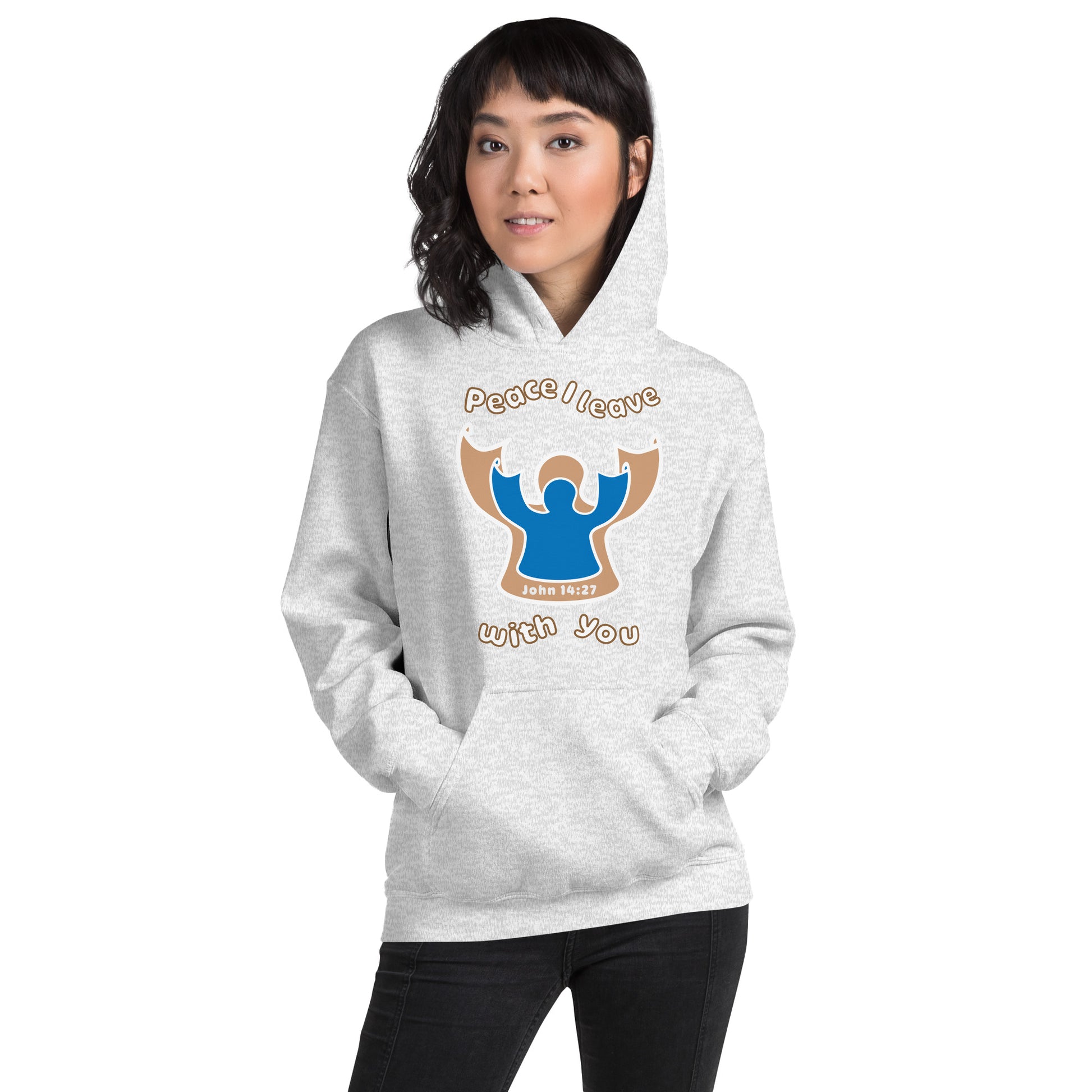 Female standing up wearing an ash gray peace i leave with you hoodie with a blue angel and beige angel design on the front