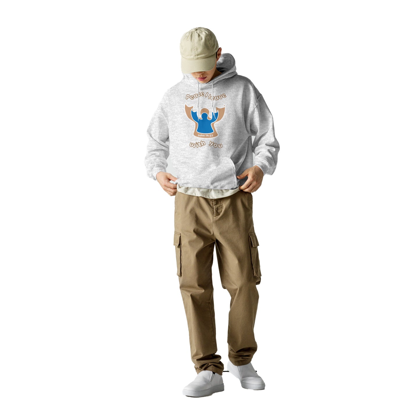 Male standing up wearing an ash gray peace i leave with you hoodie with a blue angel and beige angel design on the front