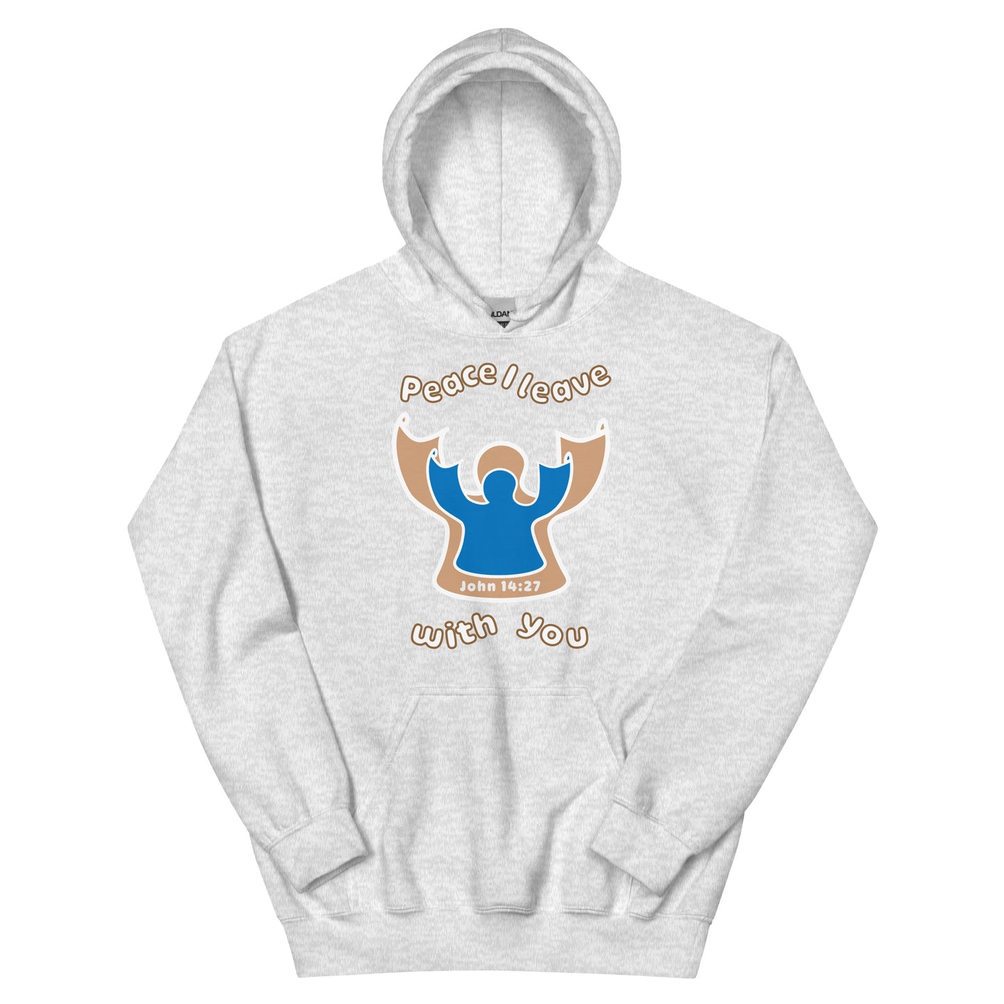 Ash gray peace i leave with you hoodie with a blue angel and beige angel design on the front