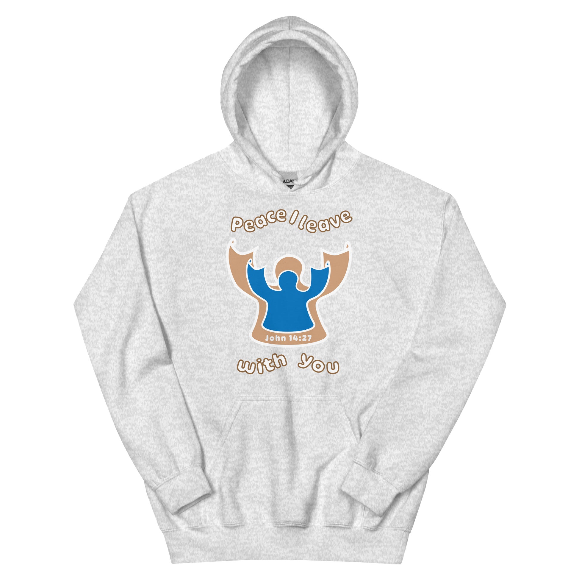 Ash gray peace i leave with you hoodie with a blue angel and beige angel design on the front