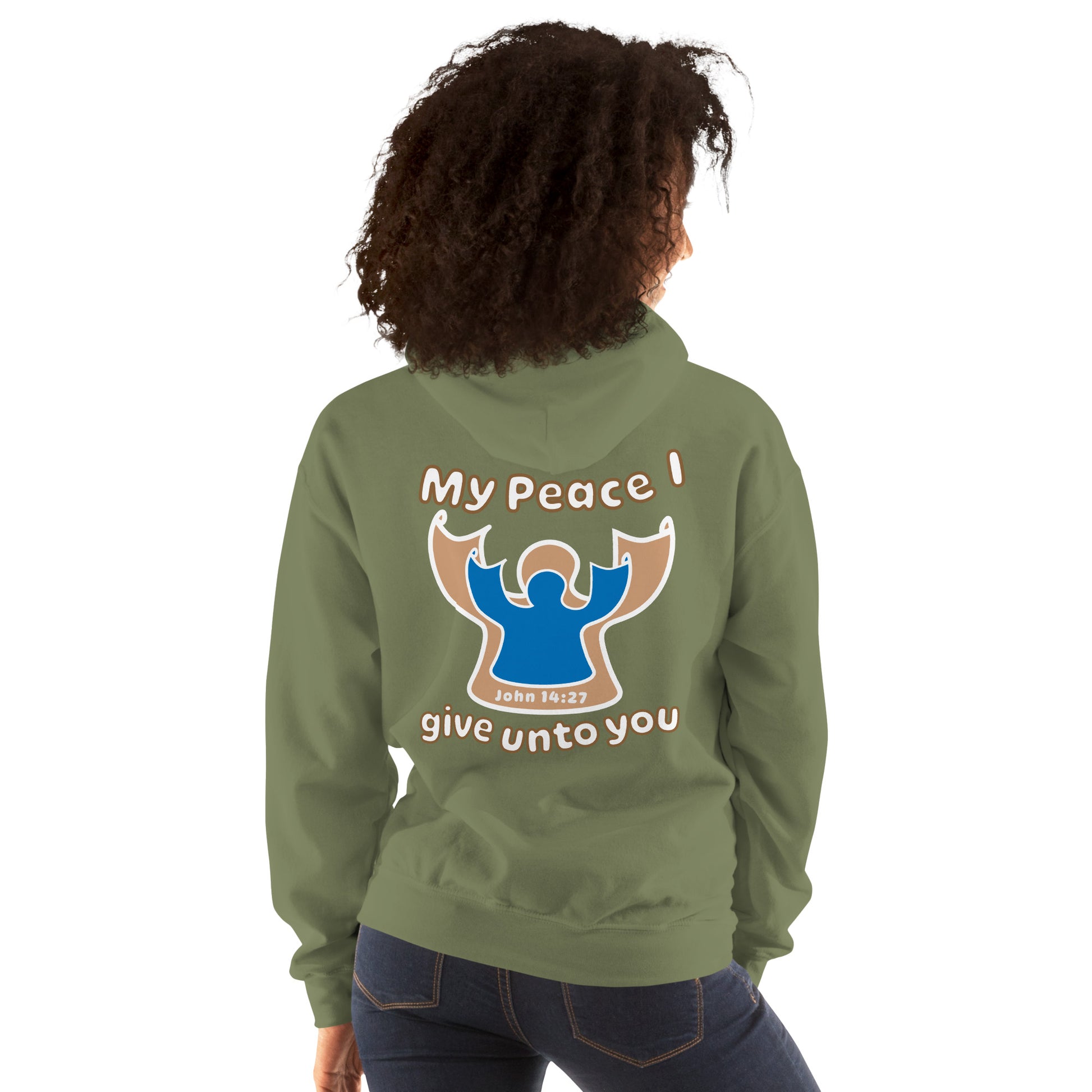 female wearing military green my peace i give unto you hoodie with a blue angel and beige angel on back hood down