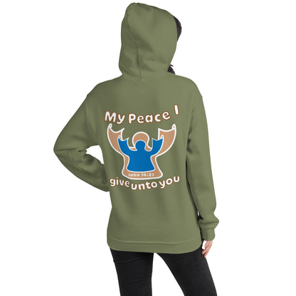 female wearing military green my peace i give unto you hoodie with a blue angel and beige angel on back hood up