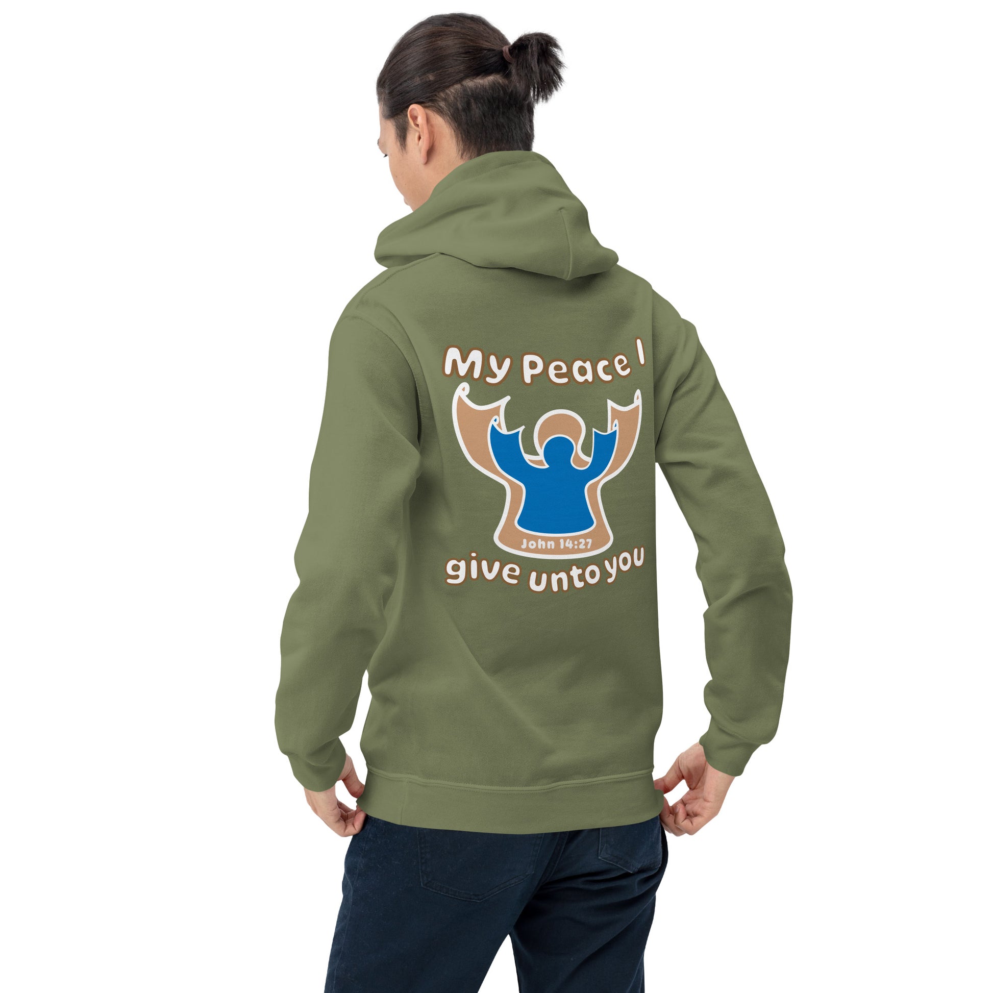 male wearing military green my peace i give unto you hoodie with a blue angel and beige angel on back hood down
