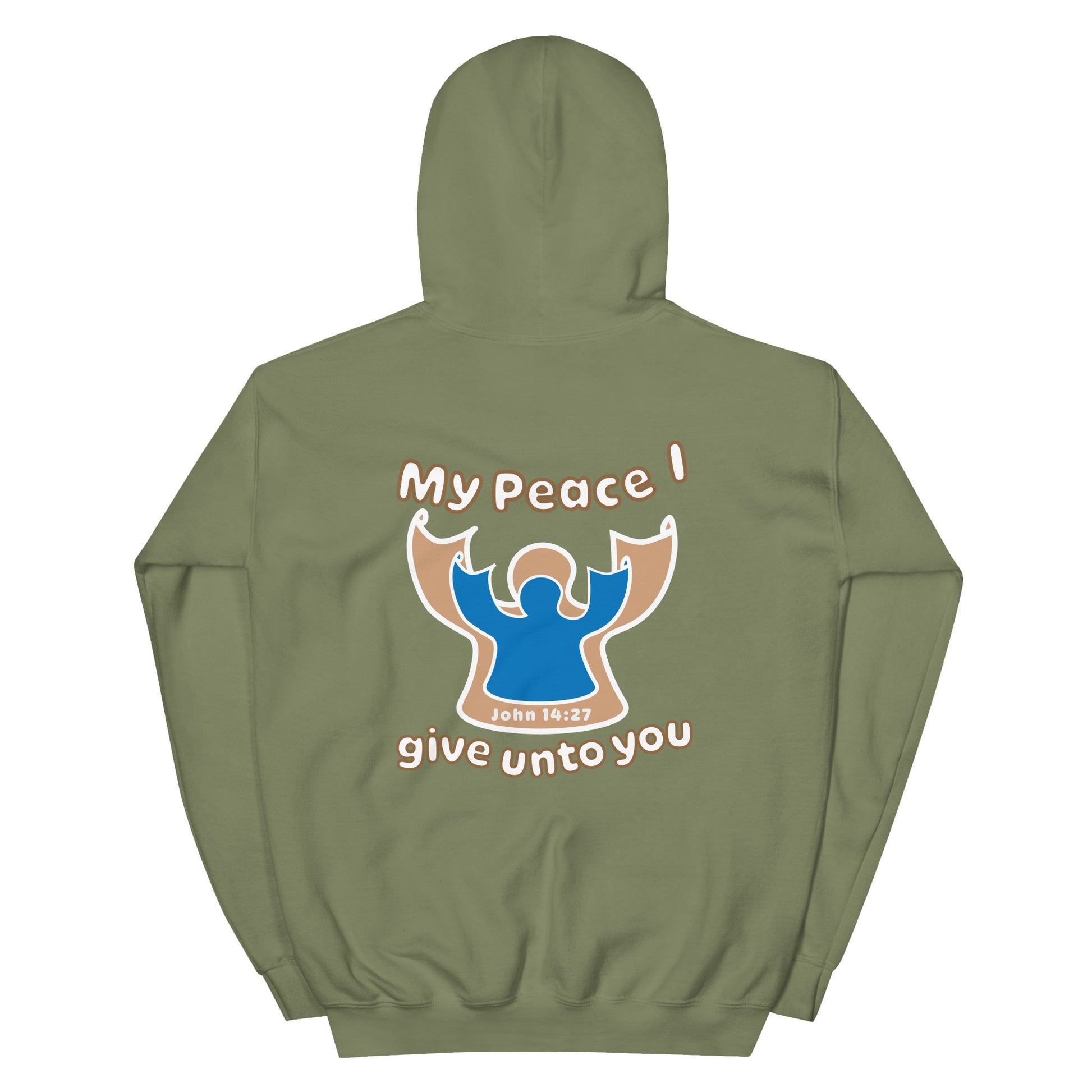 military green my peace i give unto you hoodie with a blue angel and beige angel on back hood up