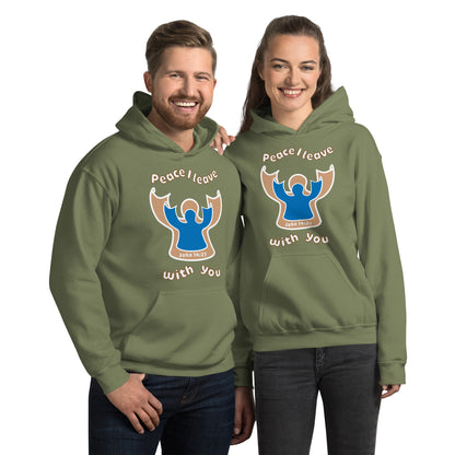 couple smiling wearing matching military green peace i leave with you hoodies with a blue angel and beige angel on front