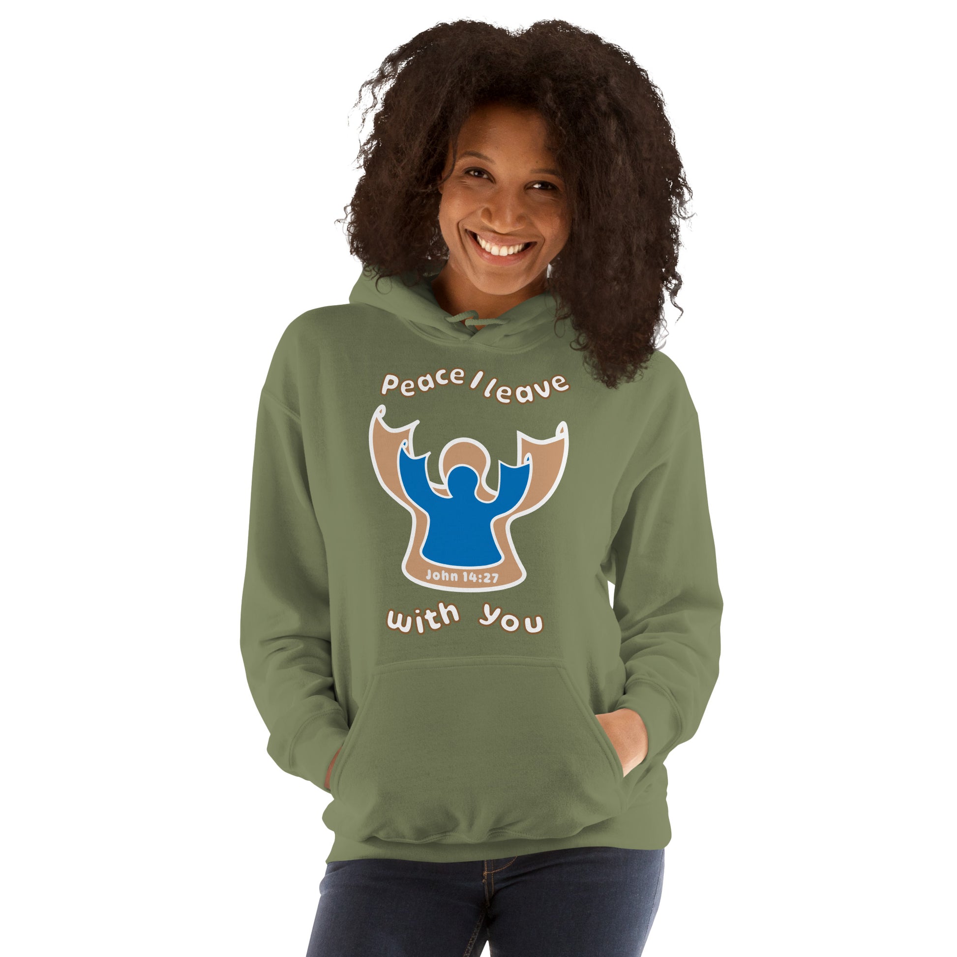 female smiling wearing military green peace i leave with you hoodie with a blue angel and beige angel on front