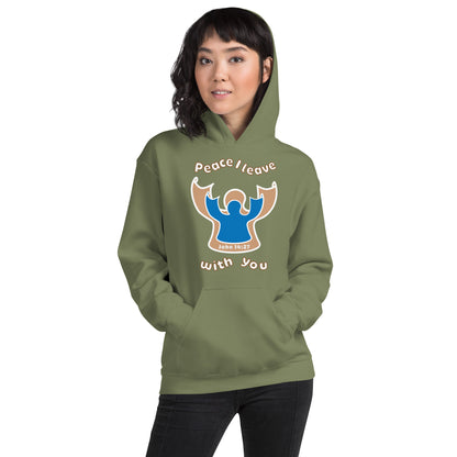 female wearing military green peace i leave with you hoodie with a blue angel and beige angel on front