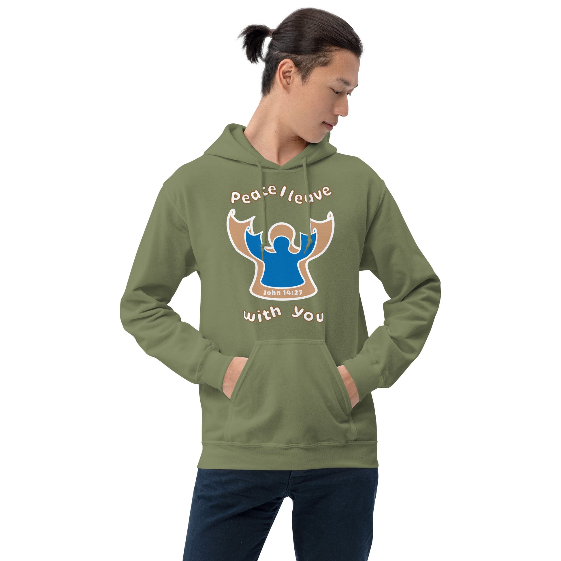 male wearing military green peace i leave with you hoodie with a blue angel and beige angel on front