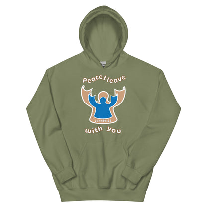 military green peace i leave with you hoodie with a blue angel and beige angel on front