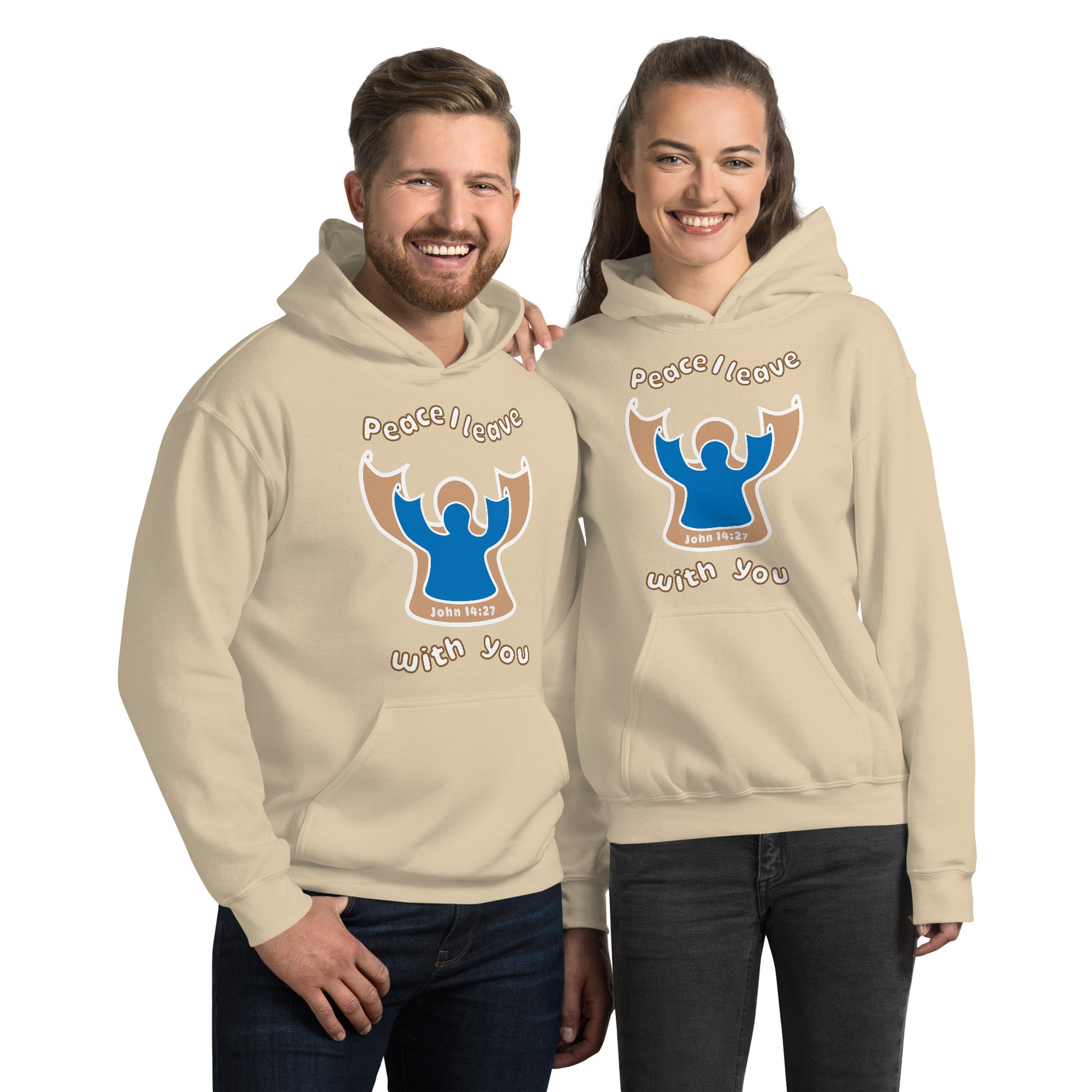 couple smiles wearing matching sand beige peace I leave with you hoodies with a blue angel and beige angel design on the front
