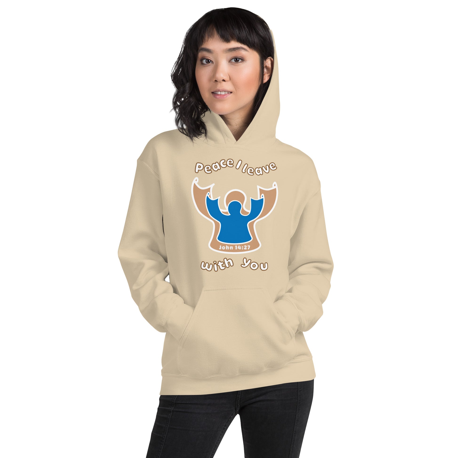 female wears sand beige peace I leave with you hoodie with a blue angel and beige angel design on the front