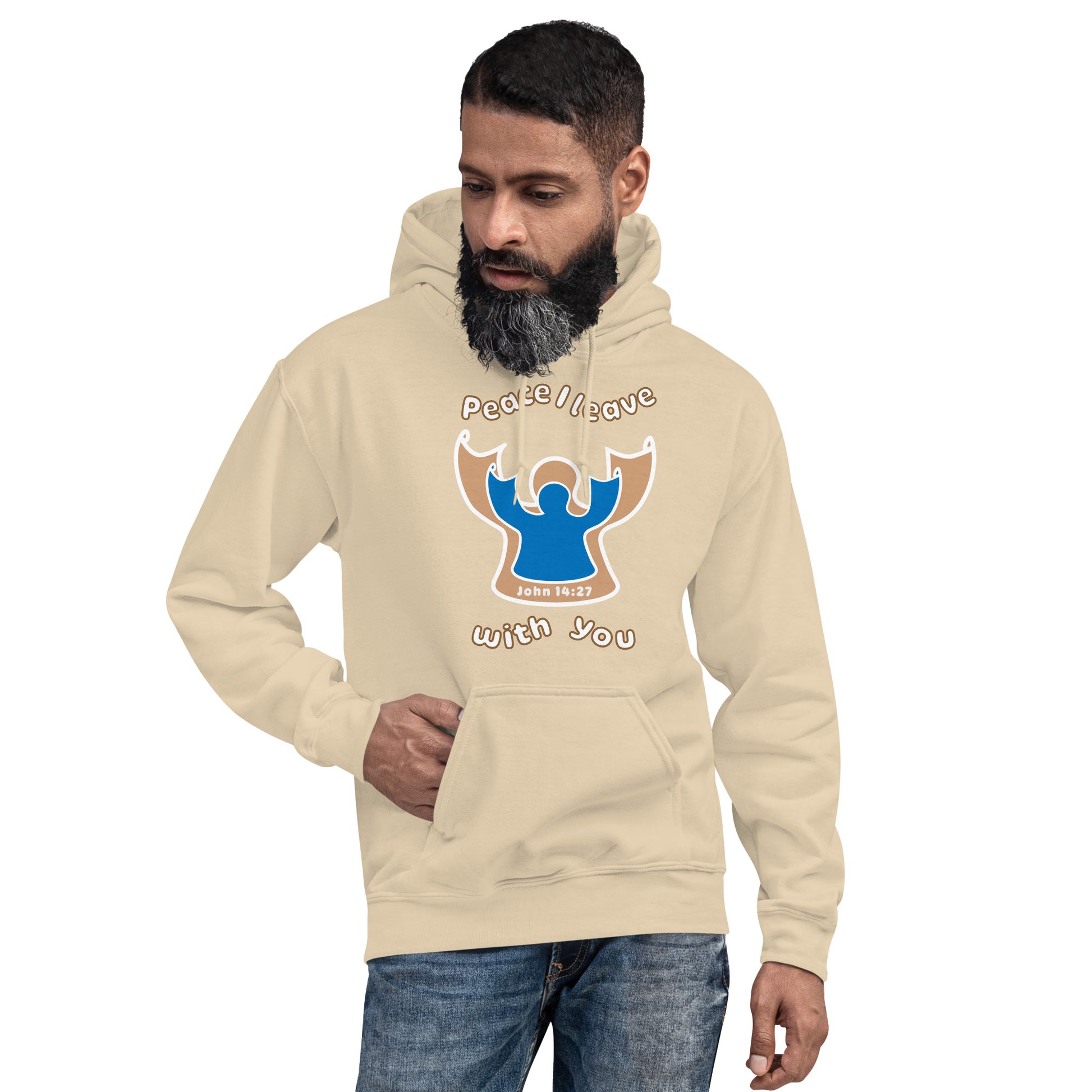 male wears sand beige peace I leave with you hoodie with a blue angel and beige angel design on the front