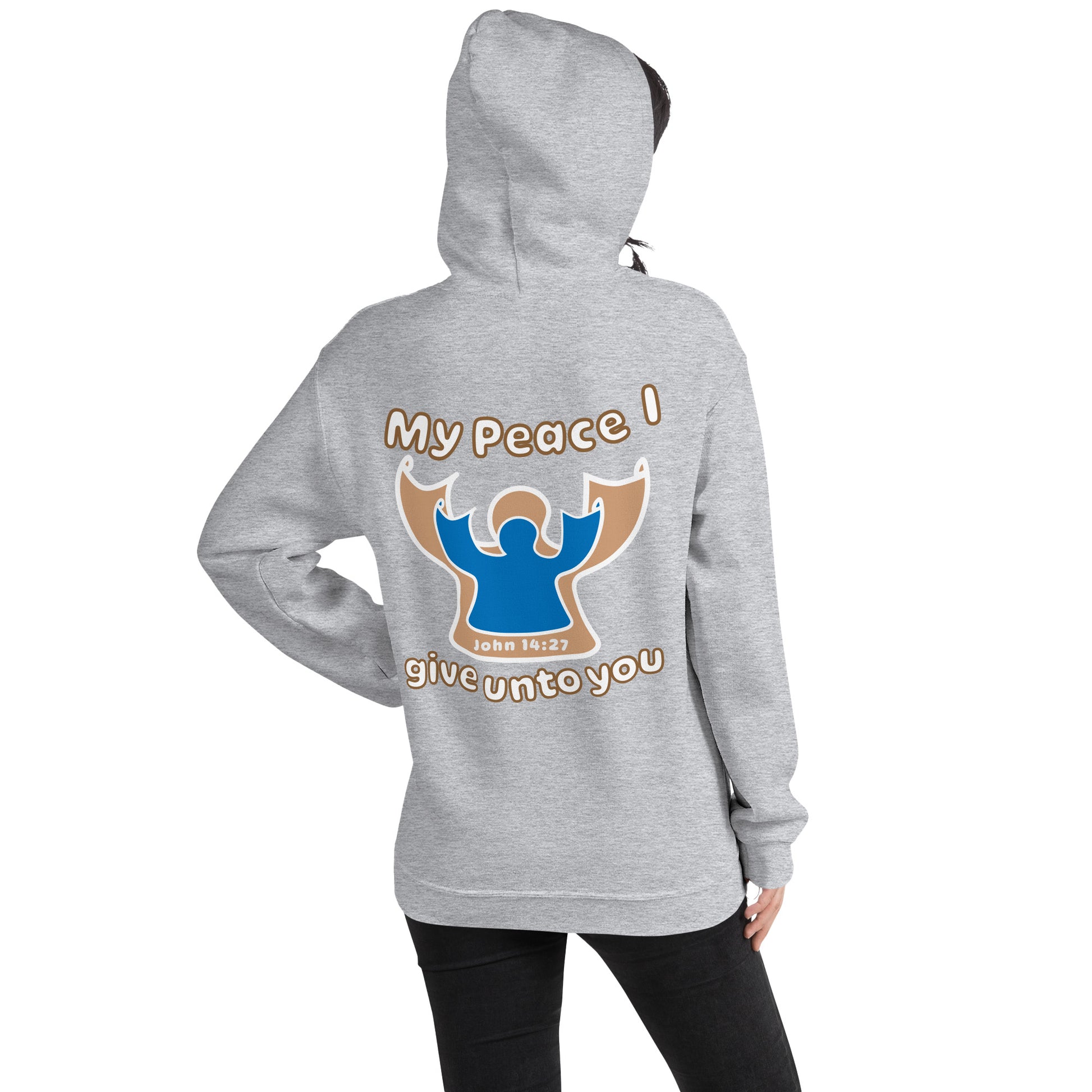 female wears sport gray my peace I give unto you hoodie with a blue angel and beige angel design on the back hood up