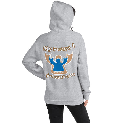 female wears sport gray my peace I give unto you hoodie with a blue angel and beige angel design on the back hood up