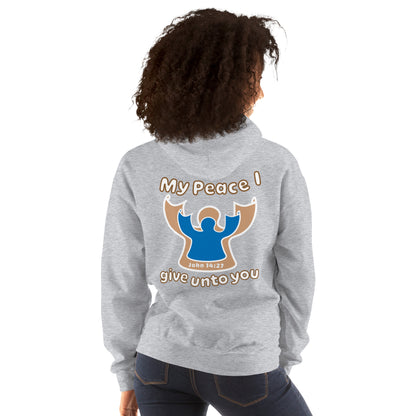 female wears sport gray my peace I give unto you hoodie with a blue angel and beige angel design on the back hood down