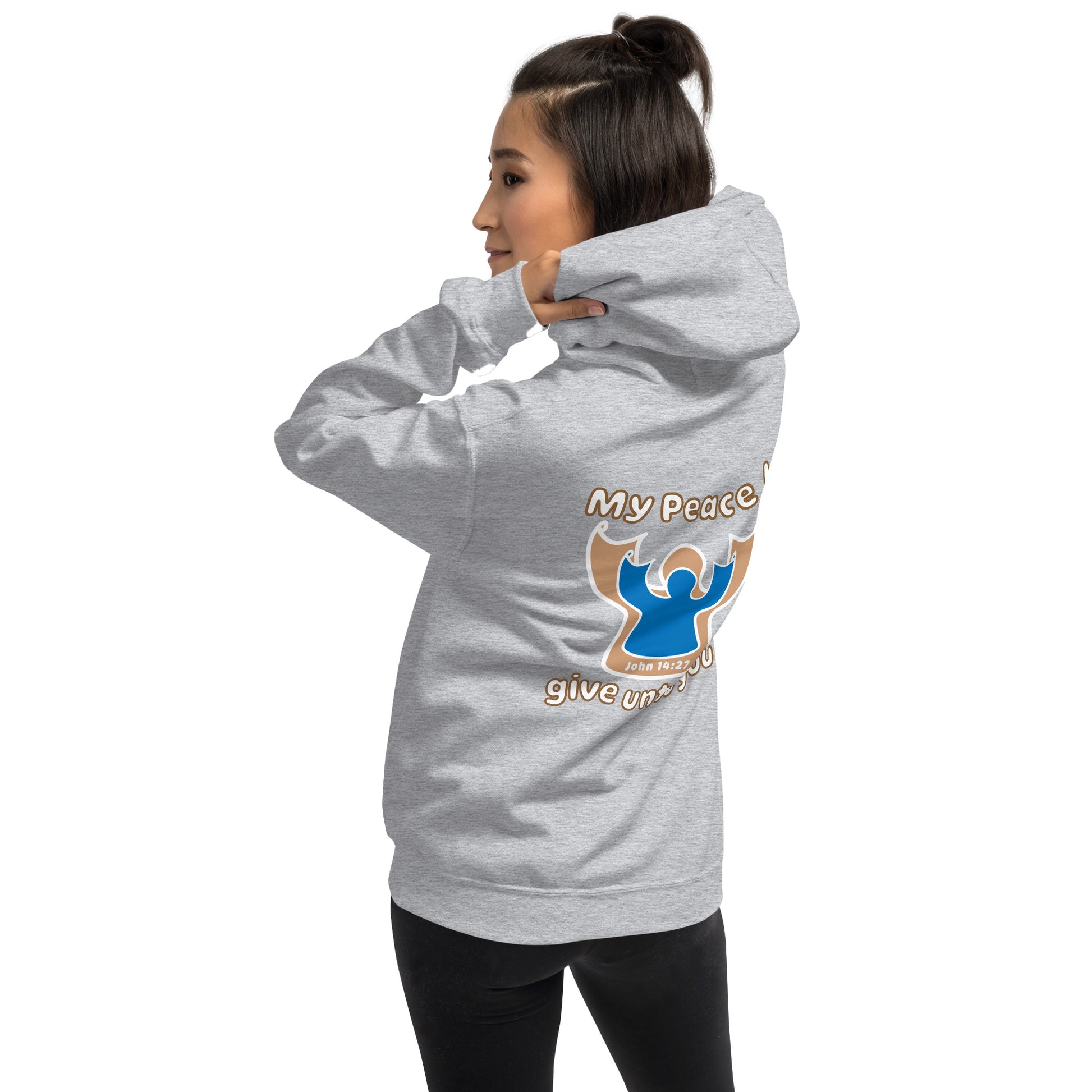 female wears sport gray my peace I give unto you hoodie with a blue angel and beige angel design on the back hood up