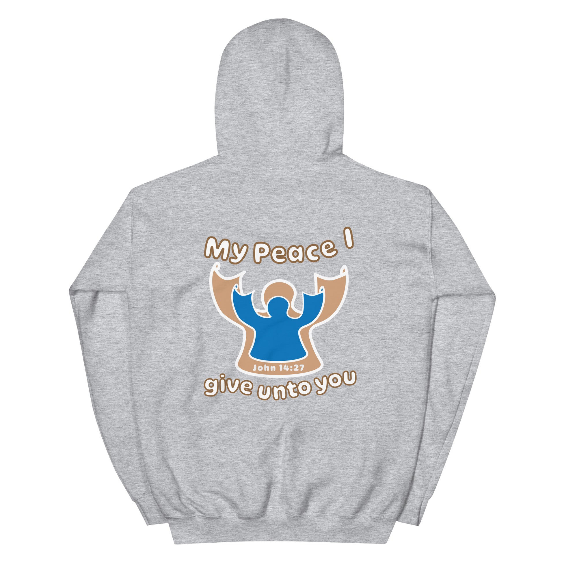 sport gray my peace I give unto you hoodie with a blue angel and beige angel design on the back