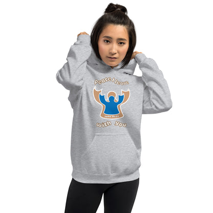 female wears sport gray peace I leave with you hoodie with a blue angel and beige angel design on the front