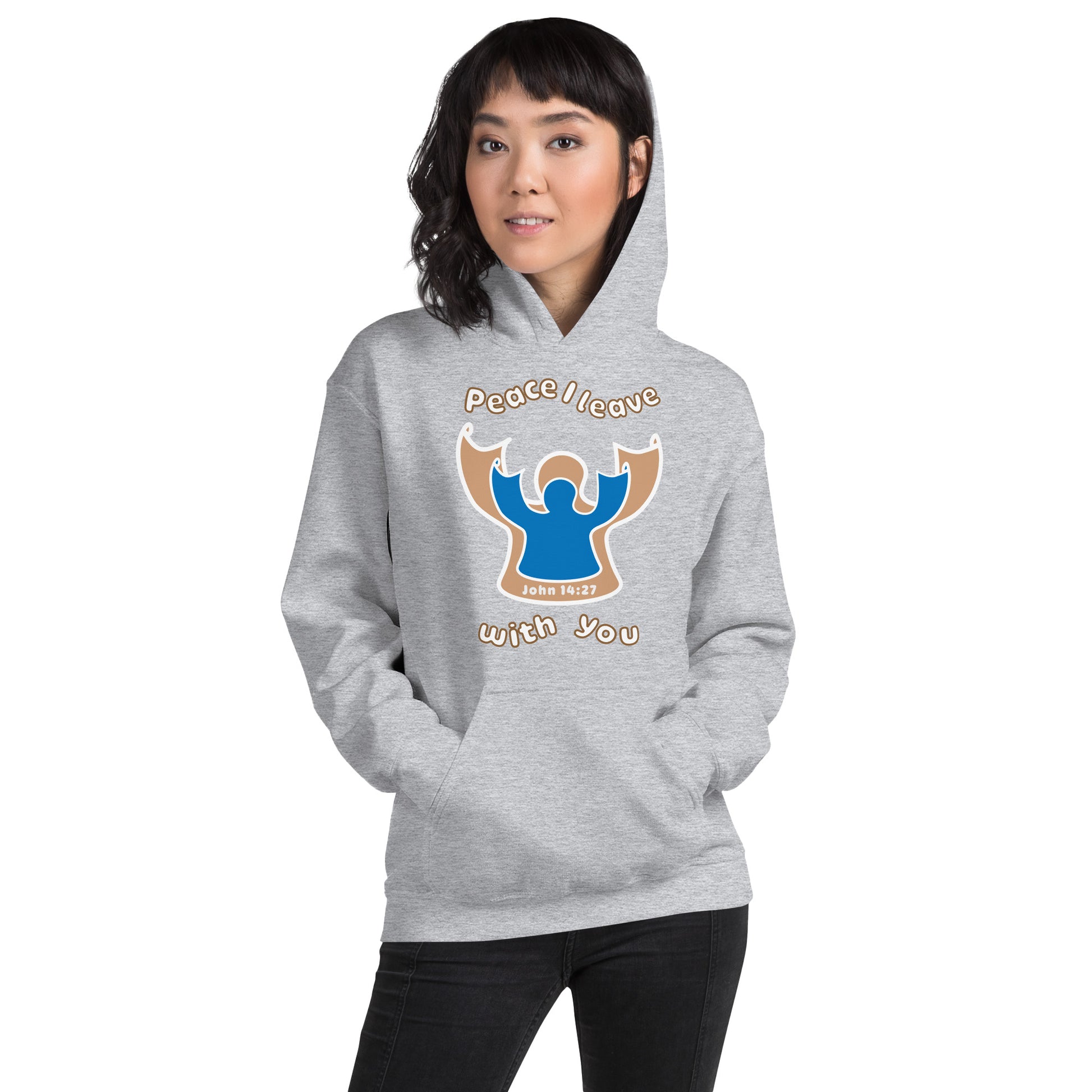 female wears sport gray peace I leave with you hoodie with a blue angel and beige angel design on the front