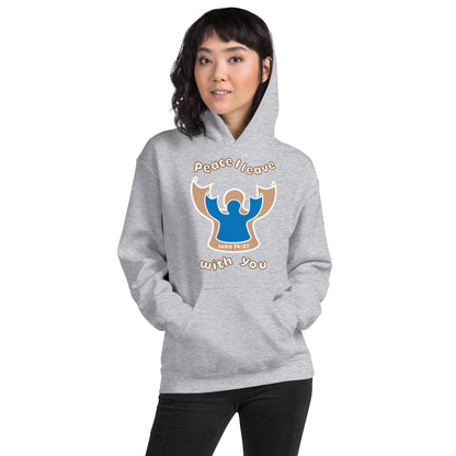 female wears sport gray peace I leave with you hoodie with a blue angel and beige angel design on the front