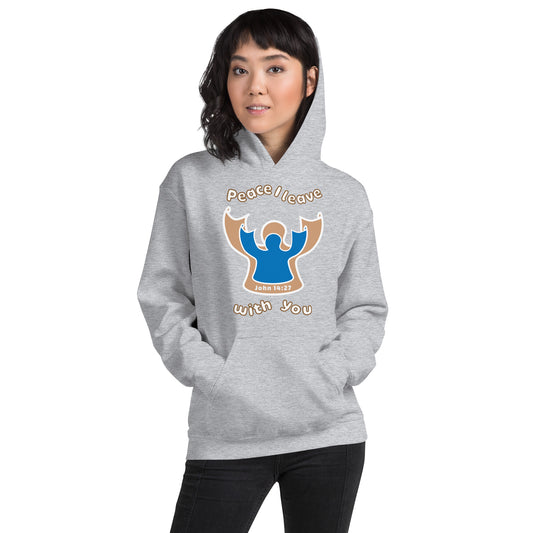 female wears sport gray peace I leave with you hoodie with a blue angel and beige angel design on the front