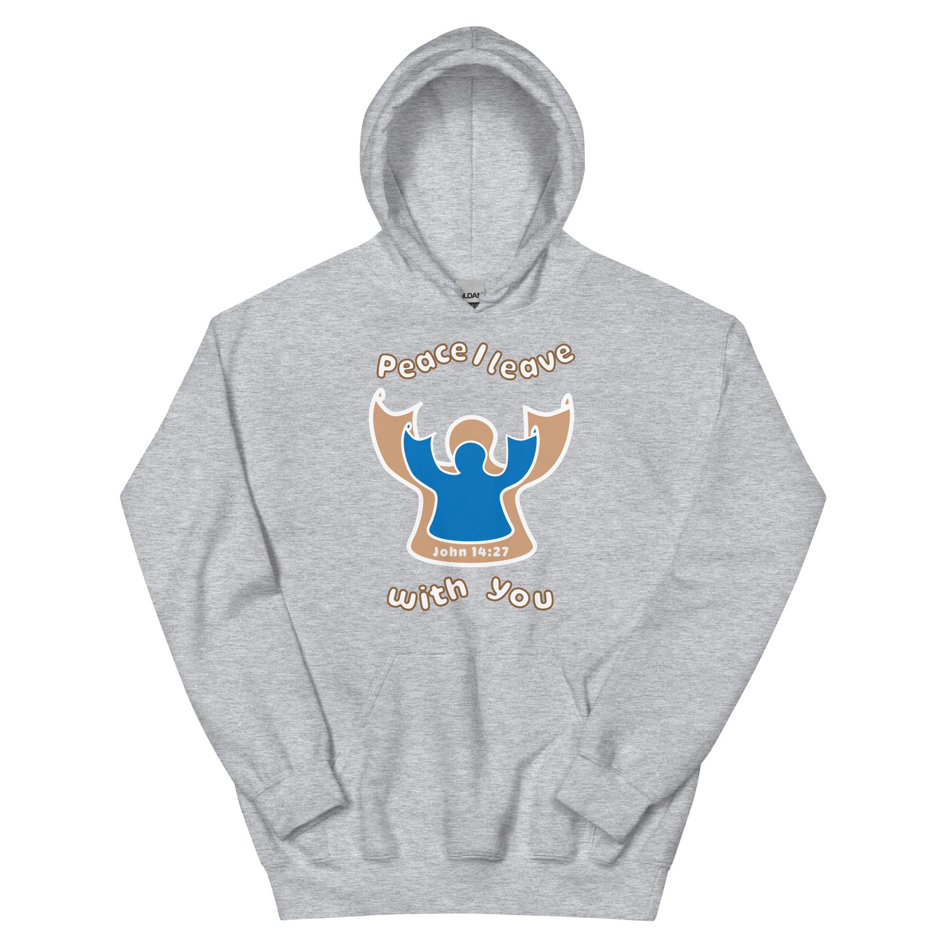 sport gray peace I leave with you hoodie with a blue angel and beige angel design on the front