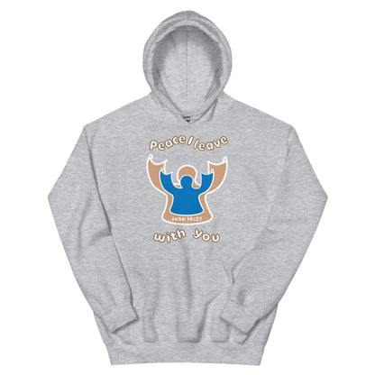 sport gray peace I leave with you hoodie with a blue angel and beige angel design on the front