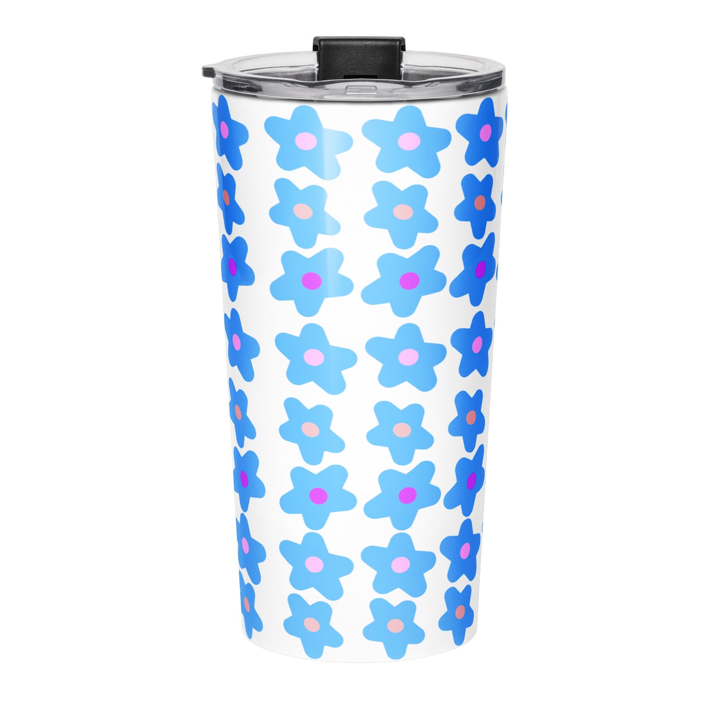Back view of tumbler water bottle with blue floral pattern and 'Trust God Always' text on a white background